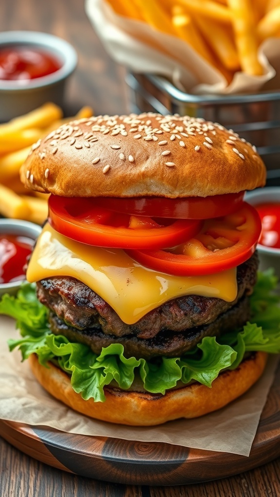 Juicy Beef Burger Recipe A juicy beef burger with lettuce, tomato, cheese on a toasted bun, served with fries and ketchup on a wooden table.